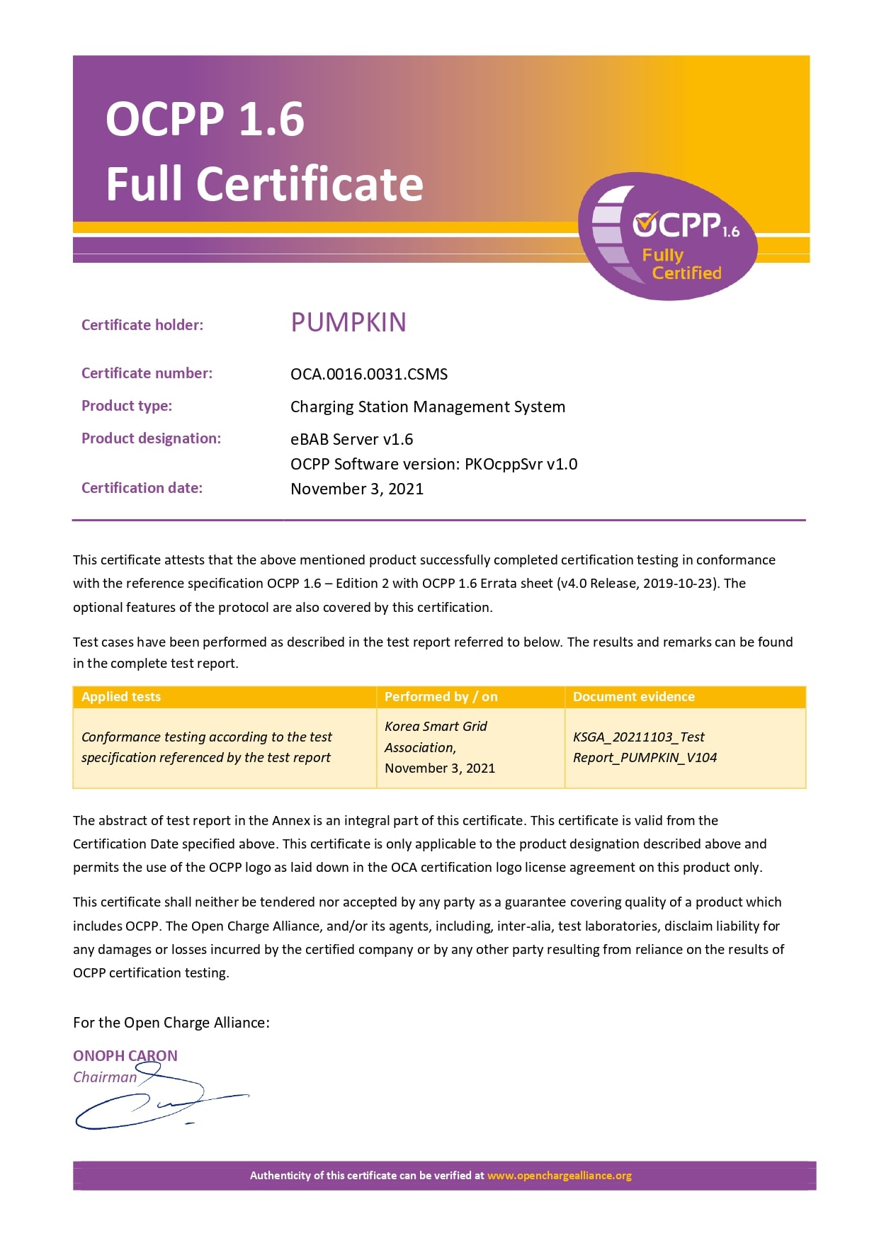 OCPP 1.6 Full Certificate