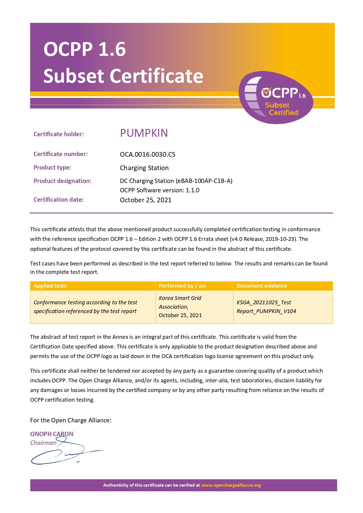 OCPP 1.6 Subset Certificate